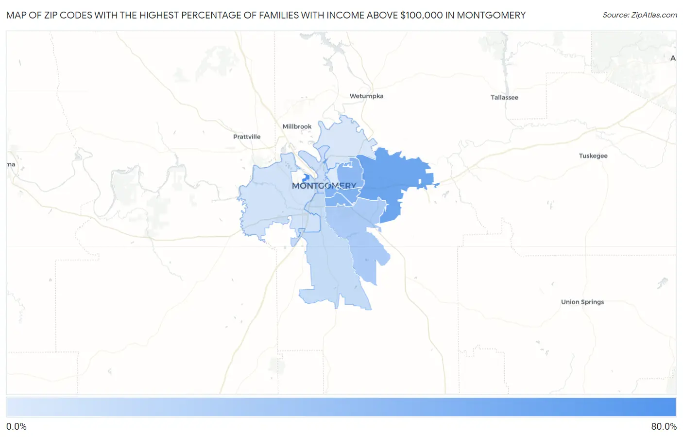 Zip Codes with the Highest Percentage of Families with Income Above $100,000 in Montgomery Map