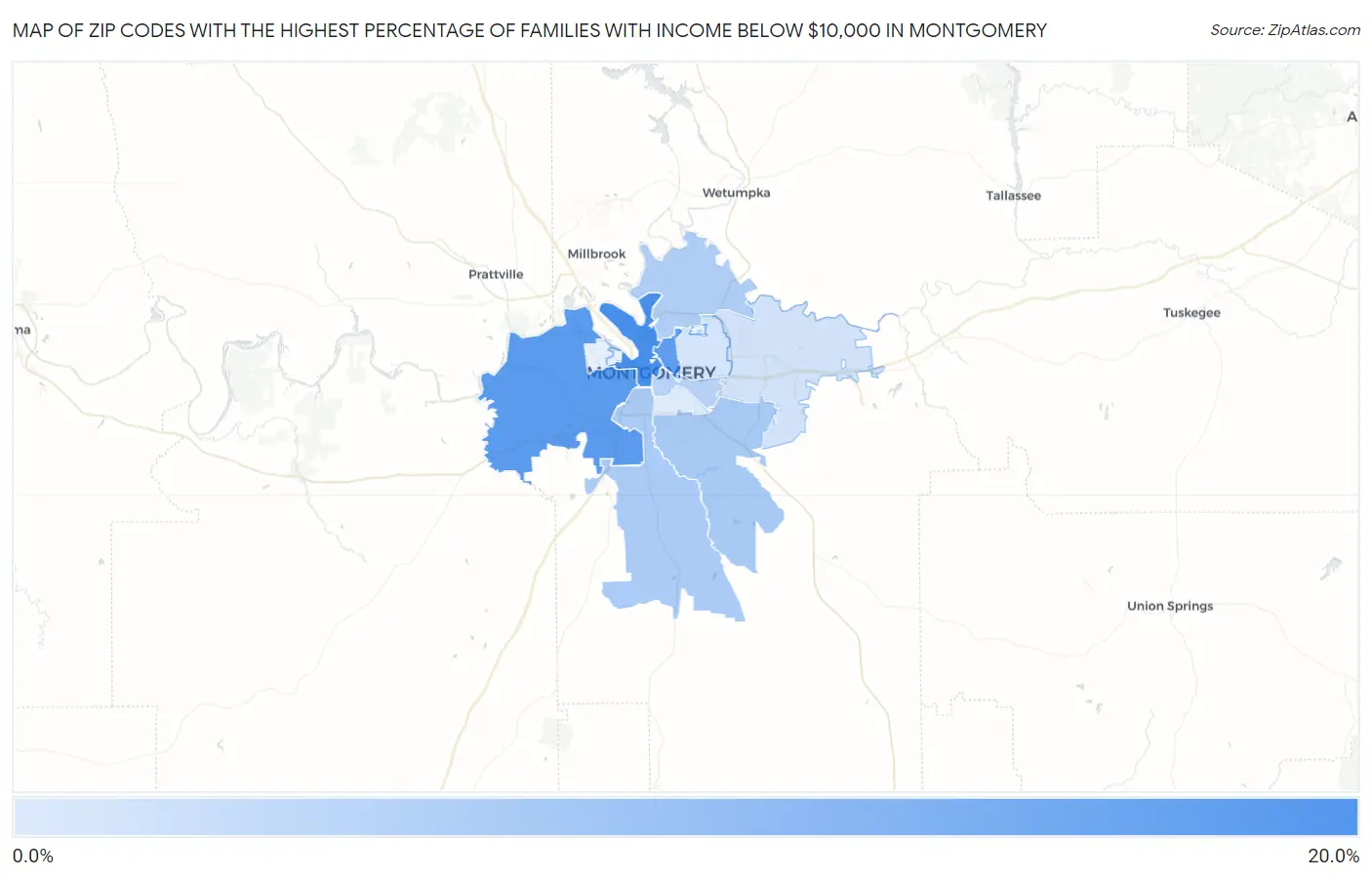 Zip Codes with the Highest Percentage of Families with Income Below $10,000 in Montgomery Map