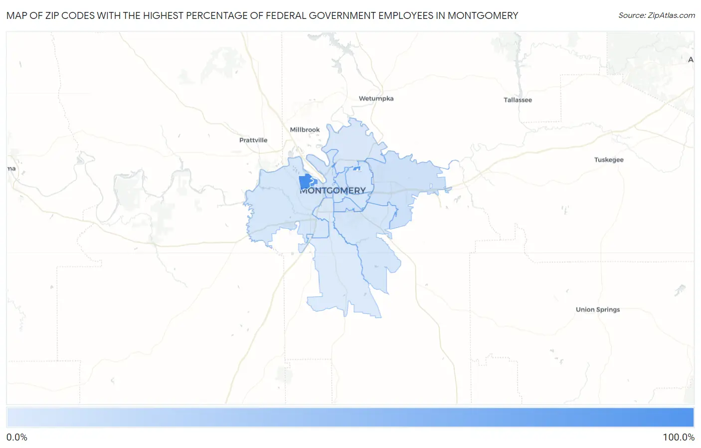 Zip Codes with the Highest Percentage of Federal Government Employees in Montgomery Map