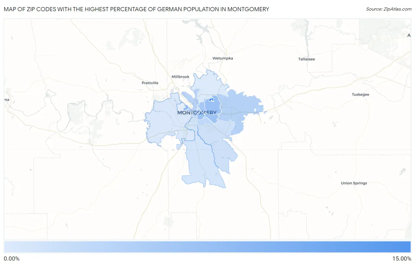 Zip Codes with the Highest Percentage of German Population in Montgomery Map