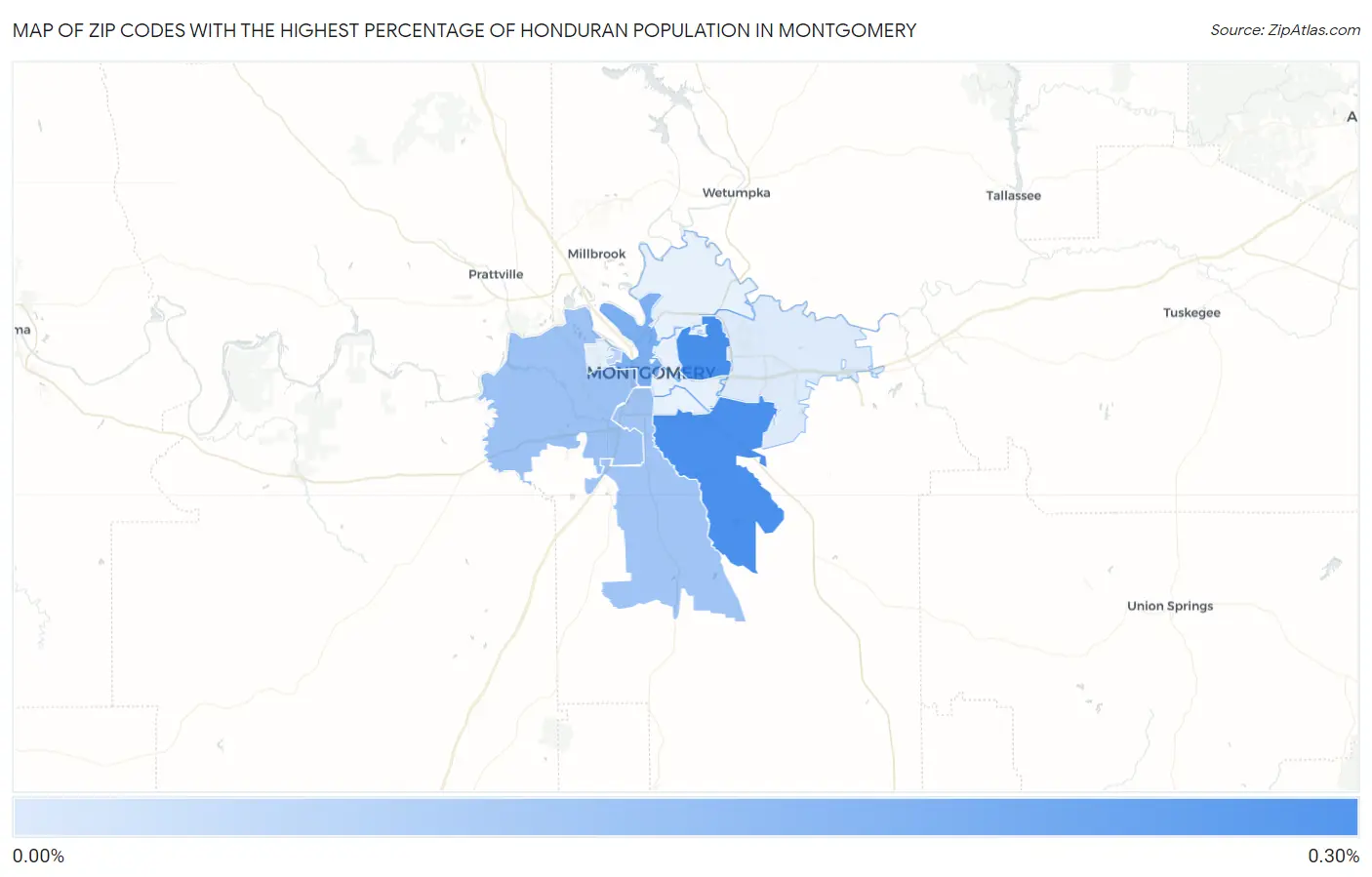 Zip Codes with the Highest Percentage of Honduran Population in Montgomery Map