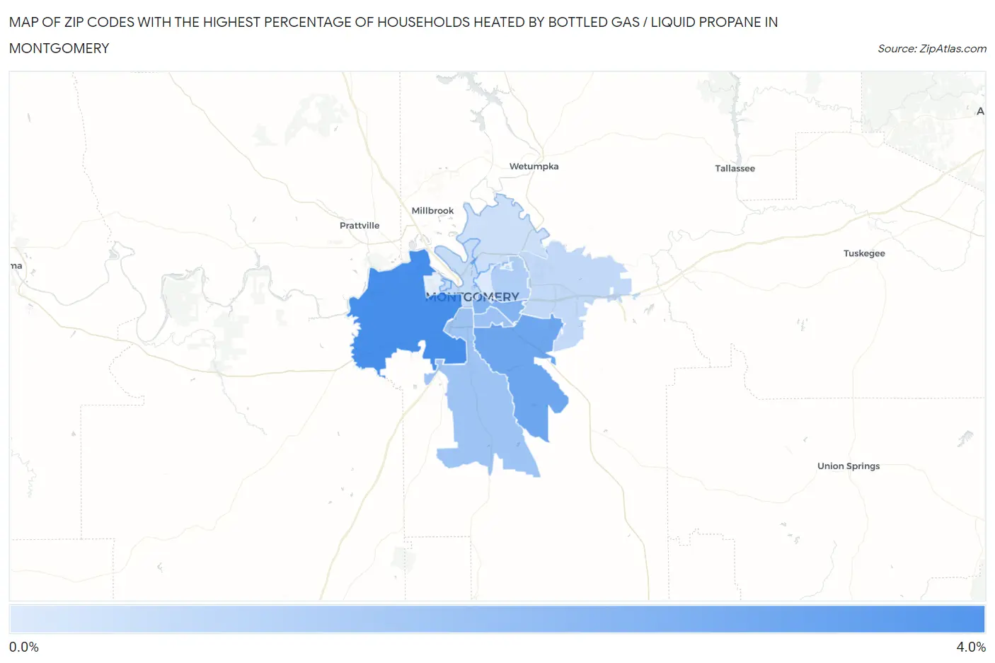 Zip Codes with the Highest Percentage of Households Heated by Bottled Gas / Liquid Propane in Montgomery Map