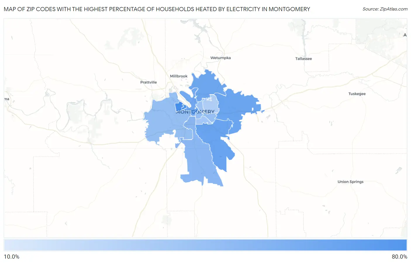 Zip Codes with the Highest Percentage of Households Heated by Electricity in Montgomery Map