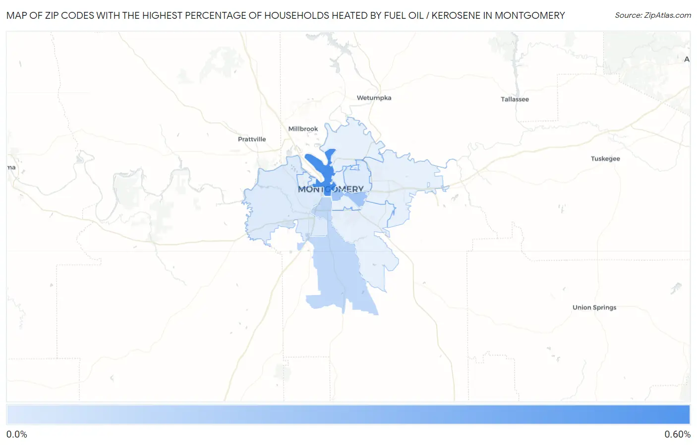 Zip Codes with the Highest Percentage of Households Heated by Fuel Oil / Kerosene in Montgomery Map