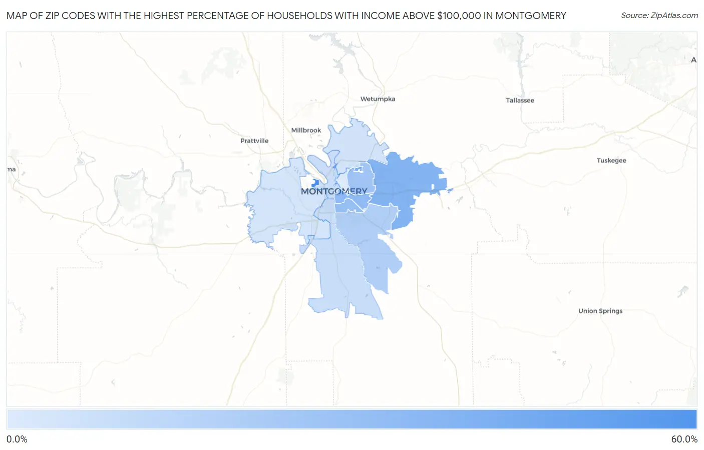 Zip Codes with the Highest Percentage of Households with Income Above $100,000 in Montgomery Map