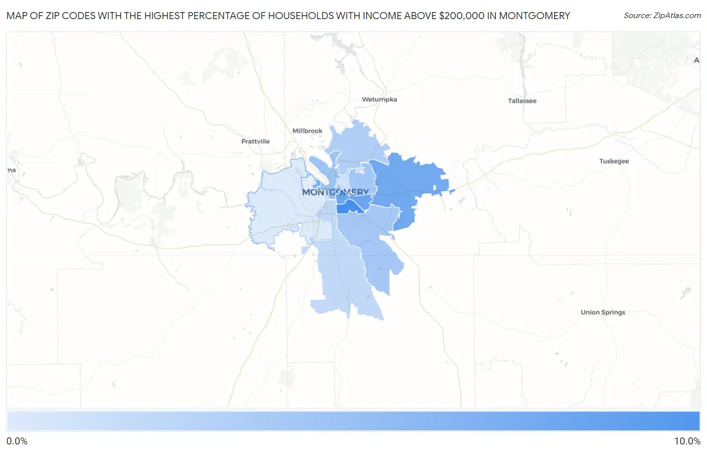 Zip Codes with the Highest Percentage of Households with Income Above $200,000 in Montgomery Map