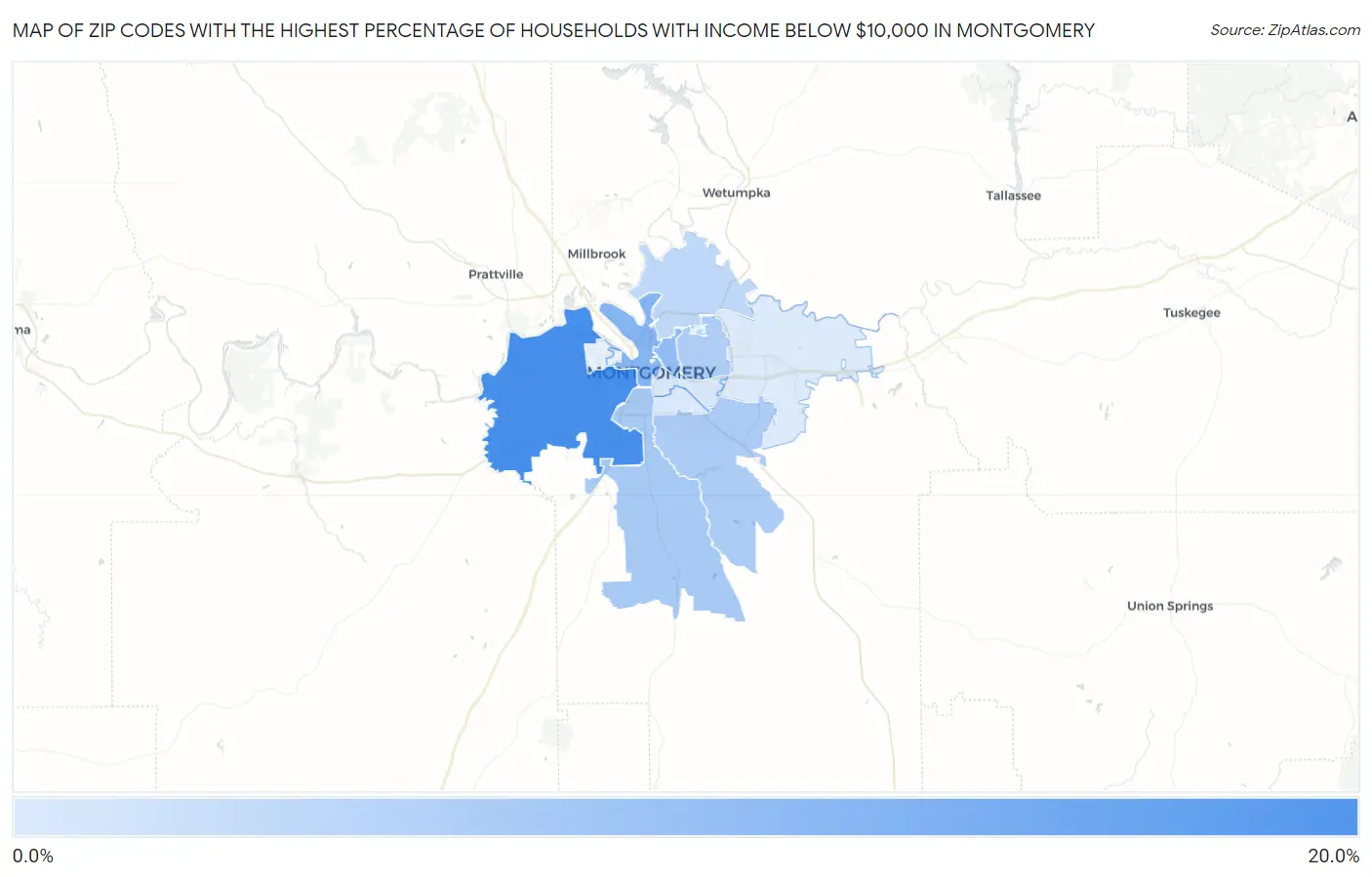 Zip Codes with the Highest Percentage of Households with Income Below $10,000 in Montgomery Map