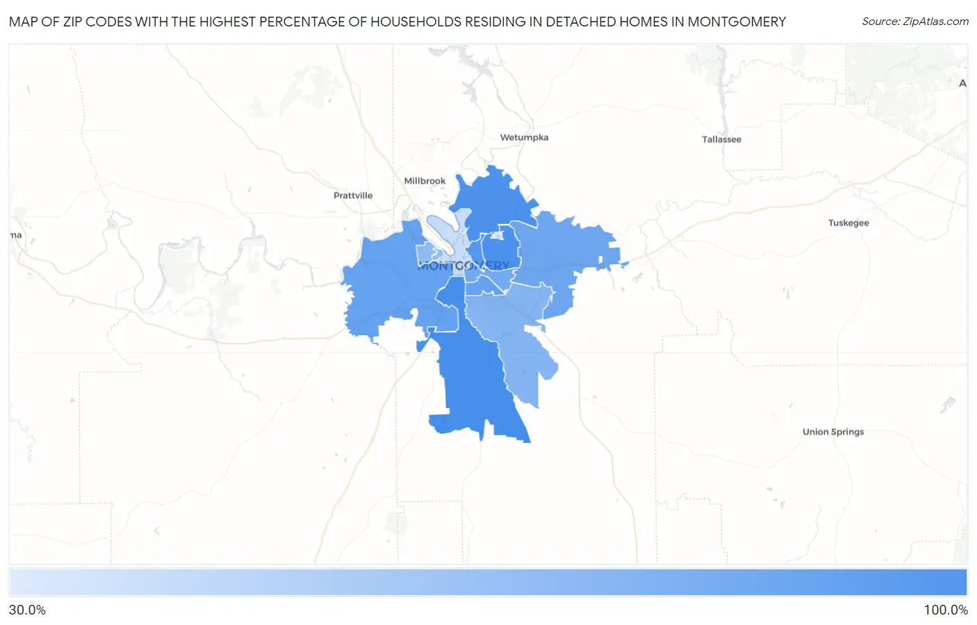 Zip Codes with the Highest Percentage of Households Residing in Detached Homes in Montgomery Map