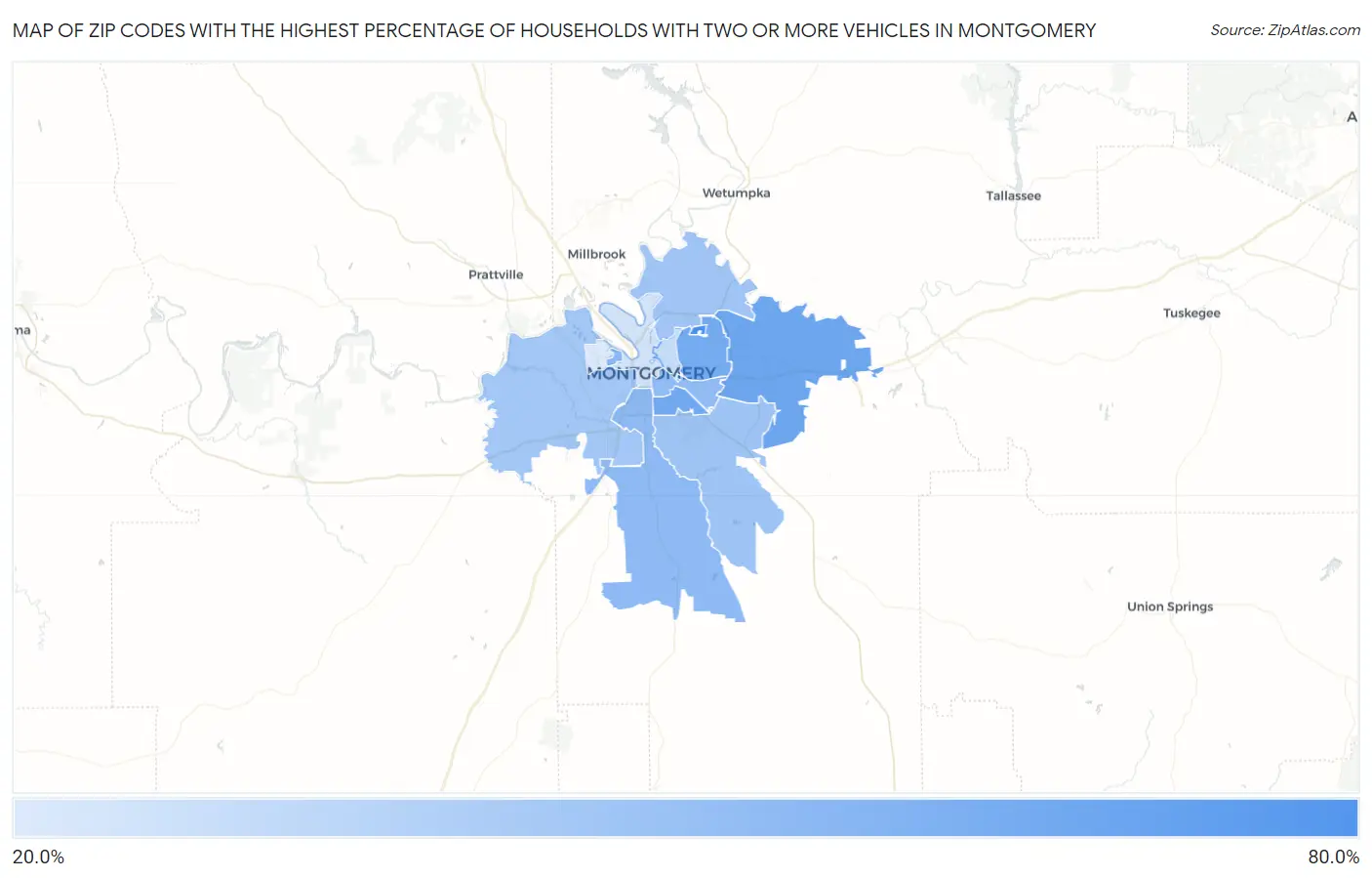 Zip Codes with the Highest Percentage of Households With Two or more Vehicles in Montgomery Map