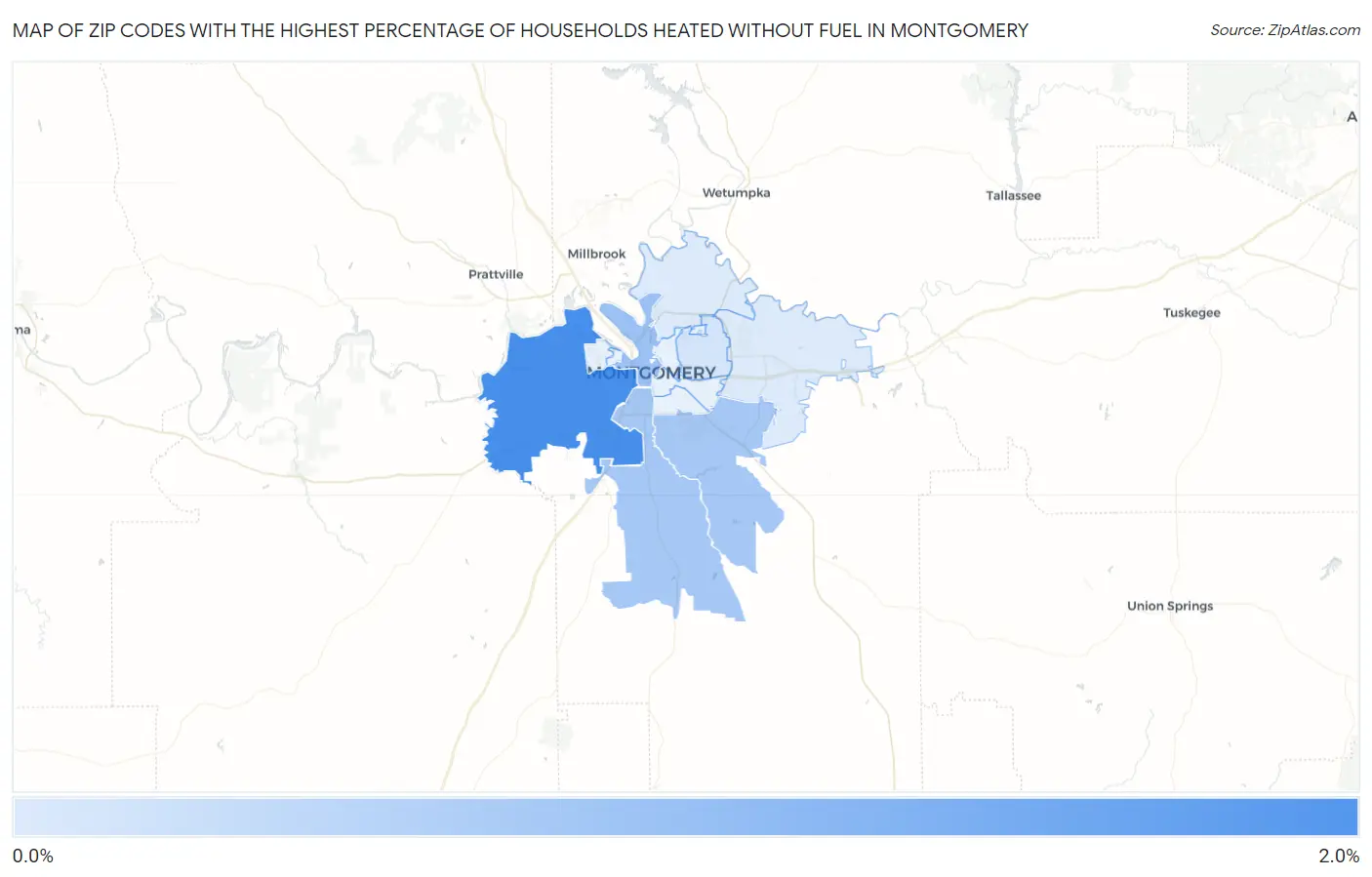 Zip Codes with the Highest Percentage of Households Heated without Fuel in Montgomery Map