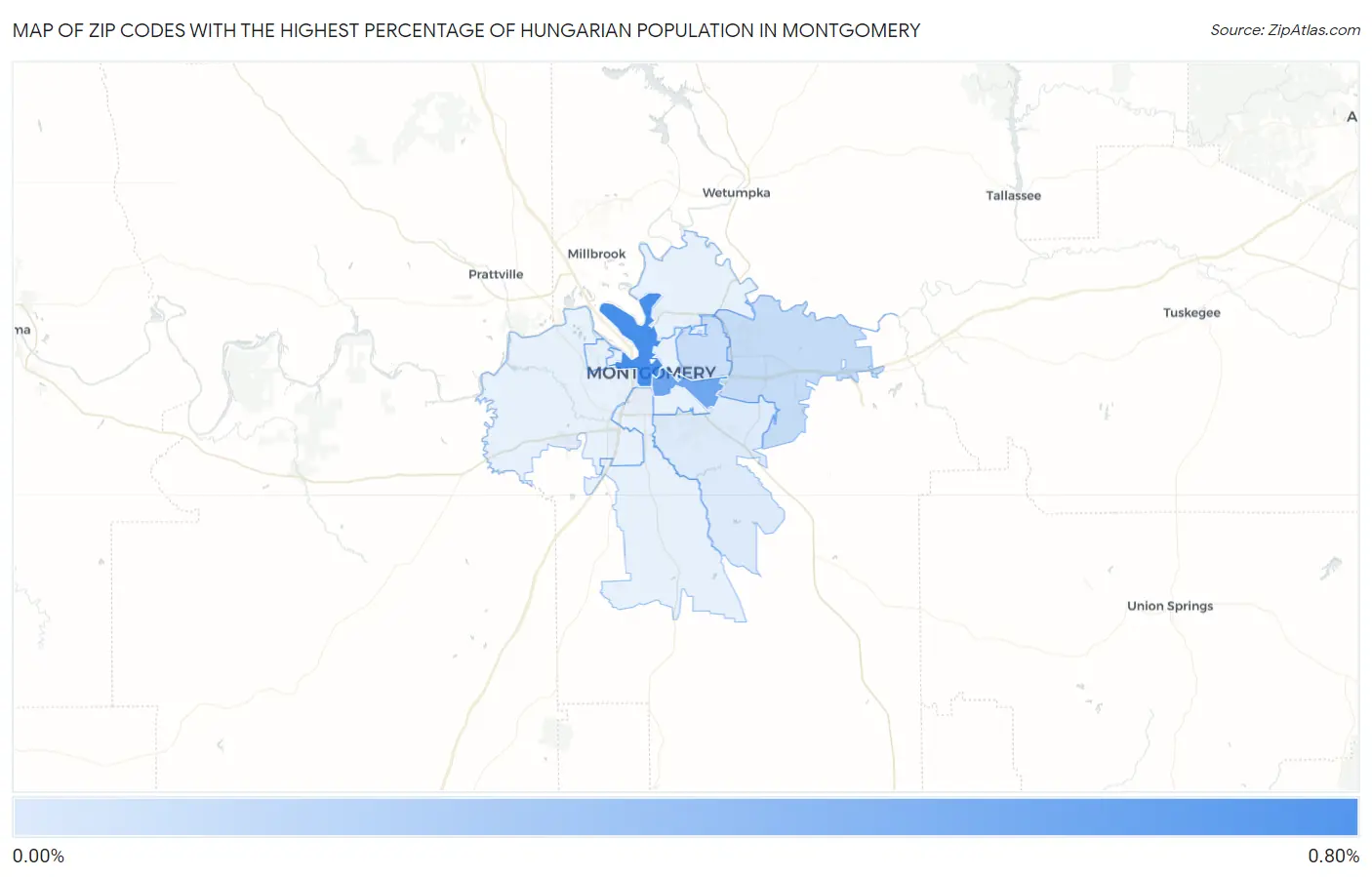 Zip Codes with the Highest Percentage of Hungarian Population in Montgomery Map