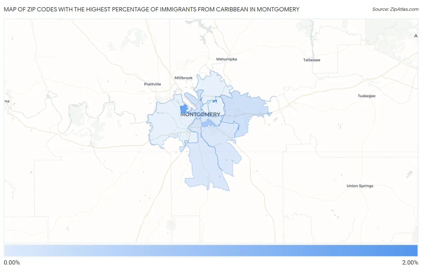Zip Codes with the Highest Percentage of Immigrants from Caribbean in Montgomery Map