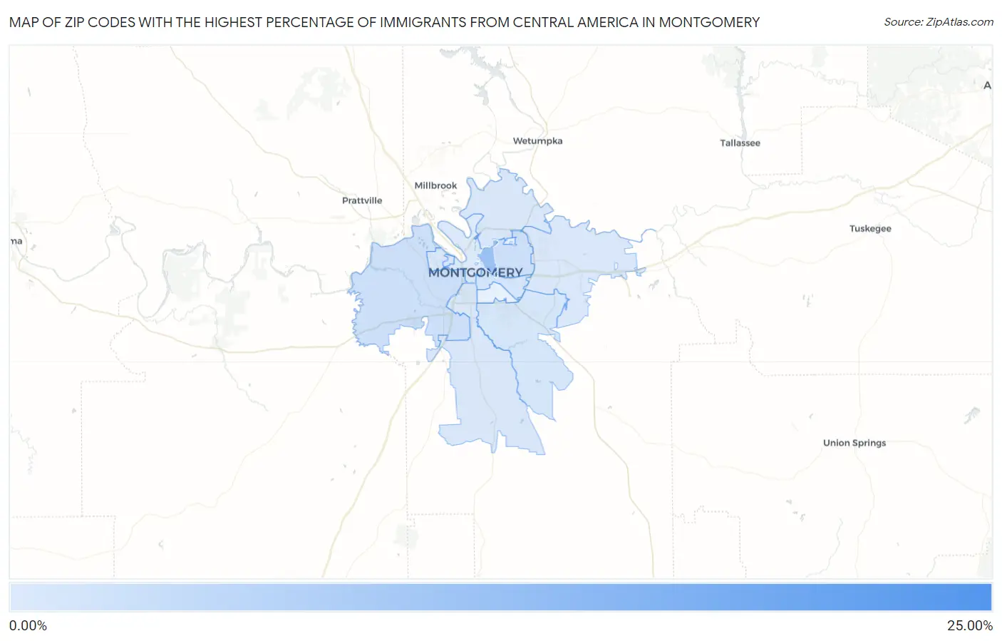 Zip Codes with the Highest Percentage of Immigrants from Central America in Montgomery Map