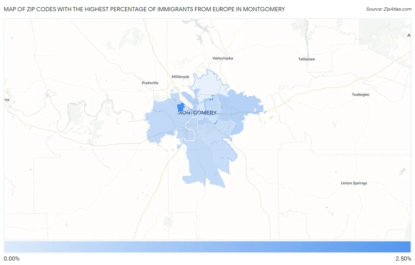 Zip Codes with the Highest Percentage of Immigrants from Europe in Montgomery Map