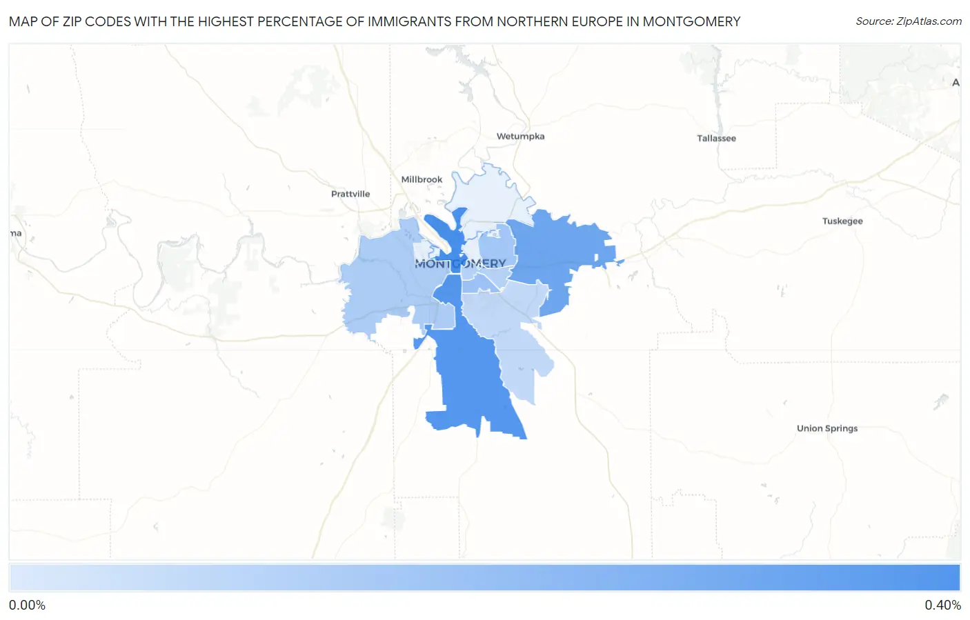 Zip Codes with the Highest Percentage of Immigrants from Northern Europe in Montgomery Map