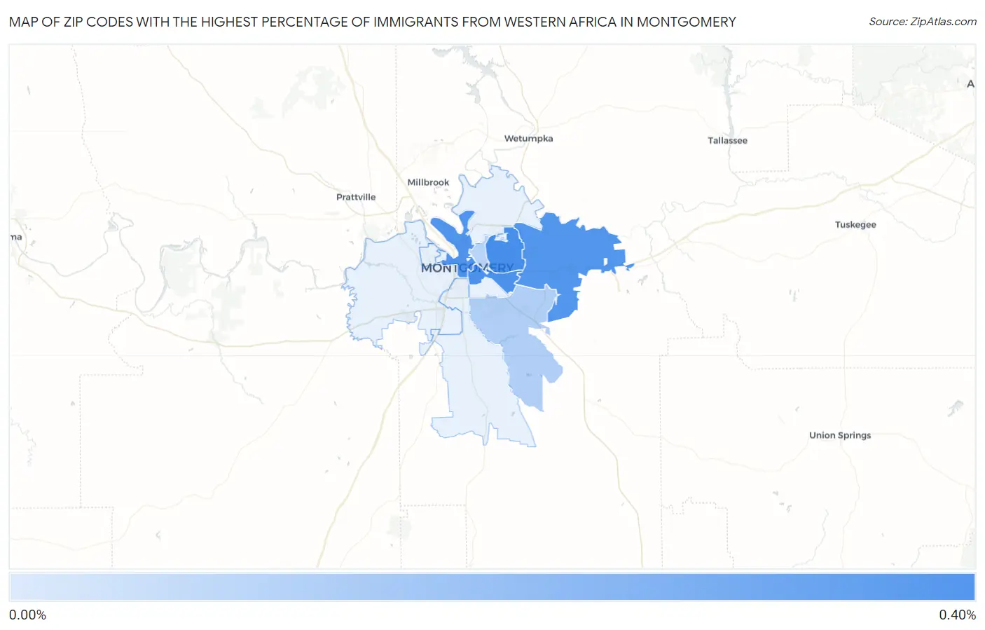 Zip Codes with the Highest Percentage of Immigrants from Western Africa in Montgomery Map