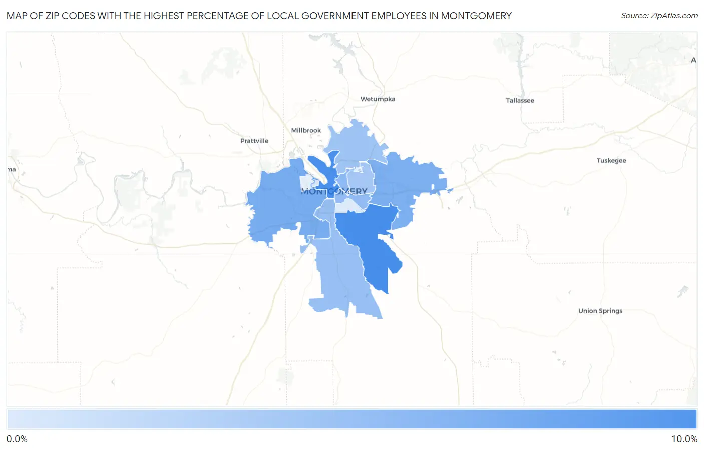 Zip Codes with the Highest Percentage of Local Government Employees in Montgomery Map