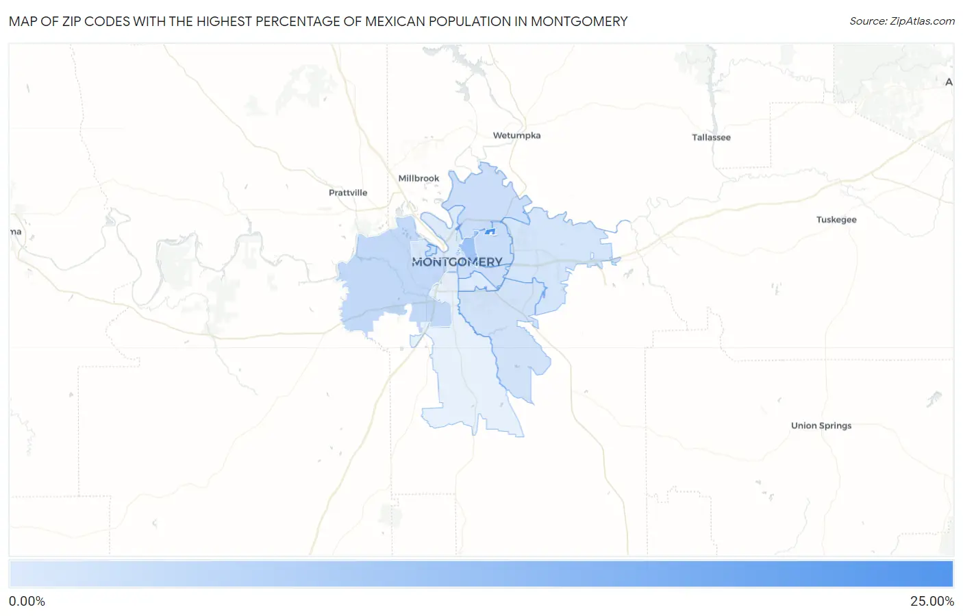 Zip Codes with the Highest Percentage of Mexican Population in Montgomery Map