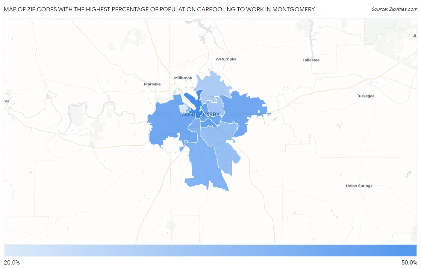 Zip Codes with the Highest Percentage of Population Carpooling to Work in Montgomery Map