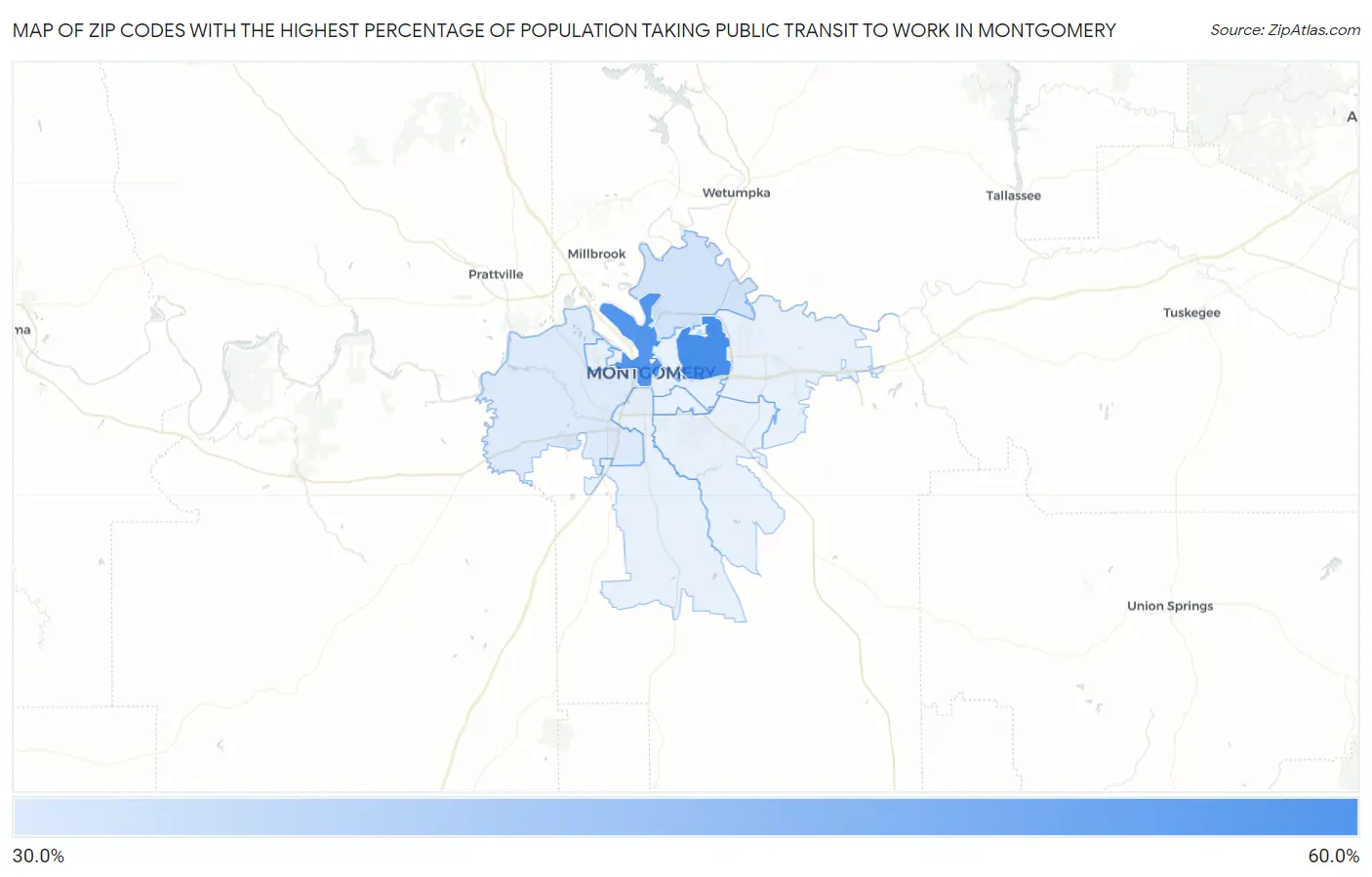 Zip Codes with the Highest Percentage of Population Taking Public Transit to Work in Montgomery Map