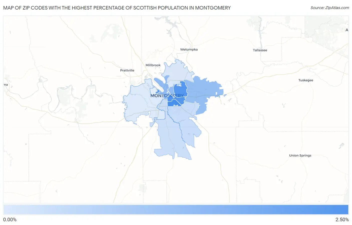 Zip Codes with the Highest Percentage of Scottish Population in Montgomery Map