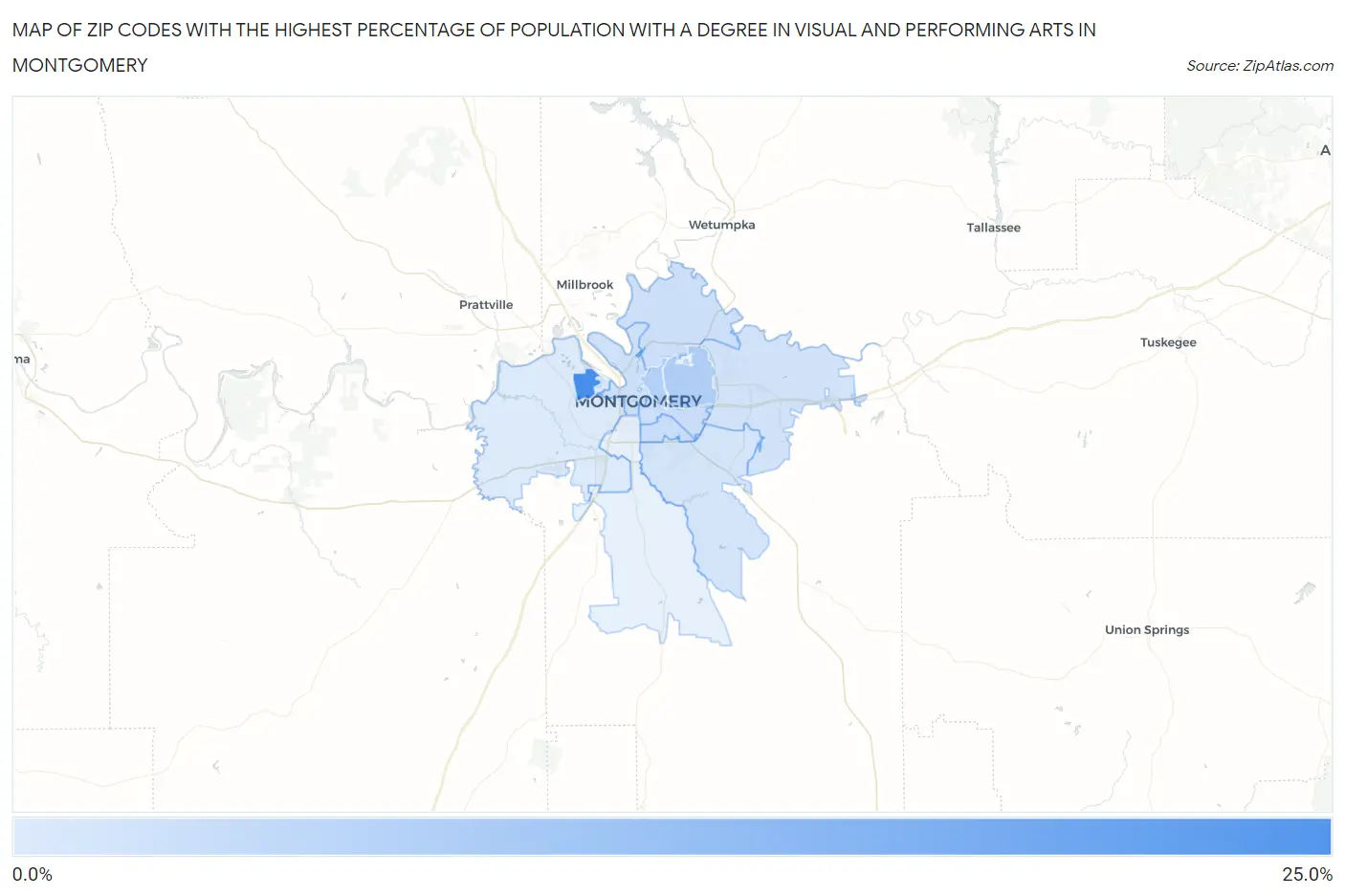 Zip Codes with the Highest Percentage of Population with a Degree in Visual and Performing Arts in Montgomery Map