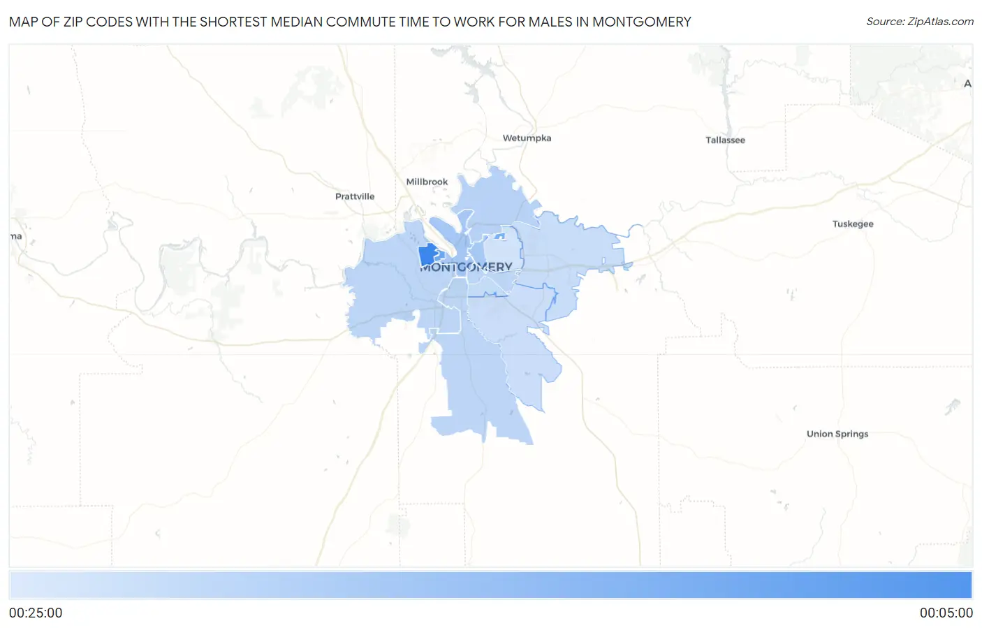 Zip Codes with the Shortest Median Commute Time to Work for Males in Montgomery Map