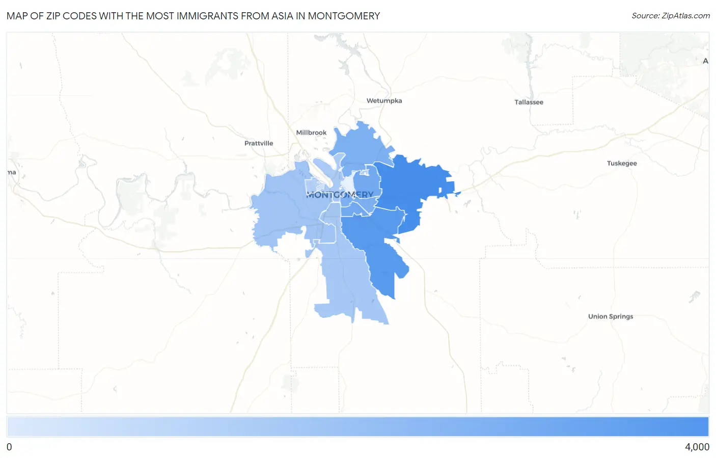 Zip Codes with the Most Immigrants from Asia in Montgomery Map