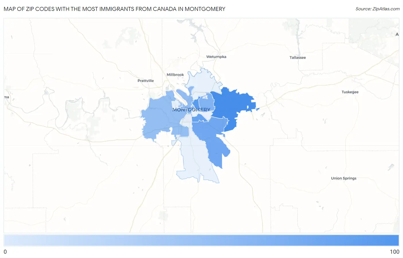 Zip Codes with the Most Immigrants from Canada in Montgomery Map