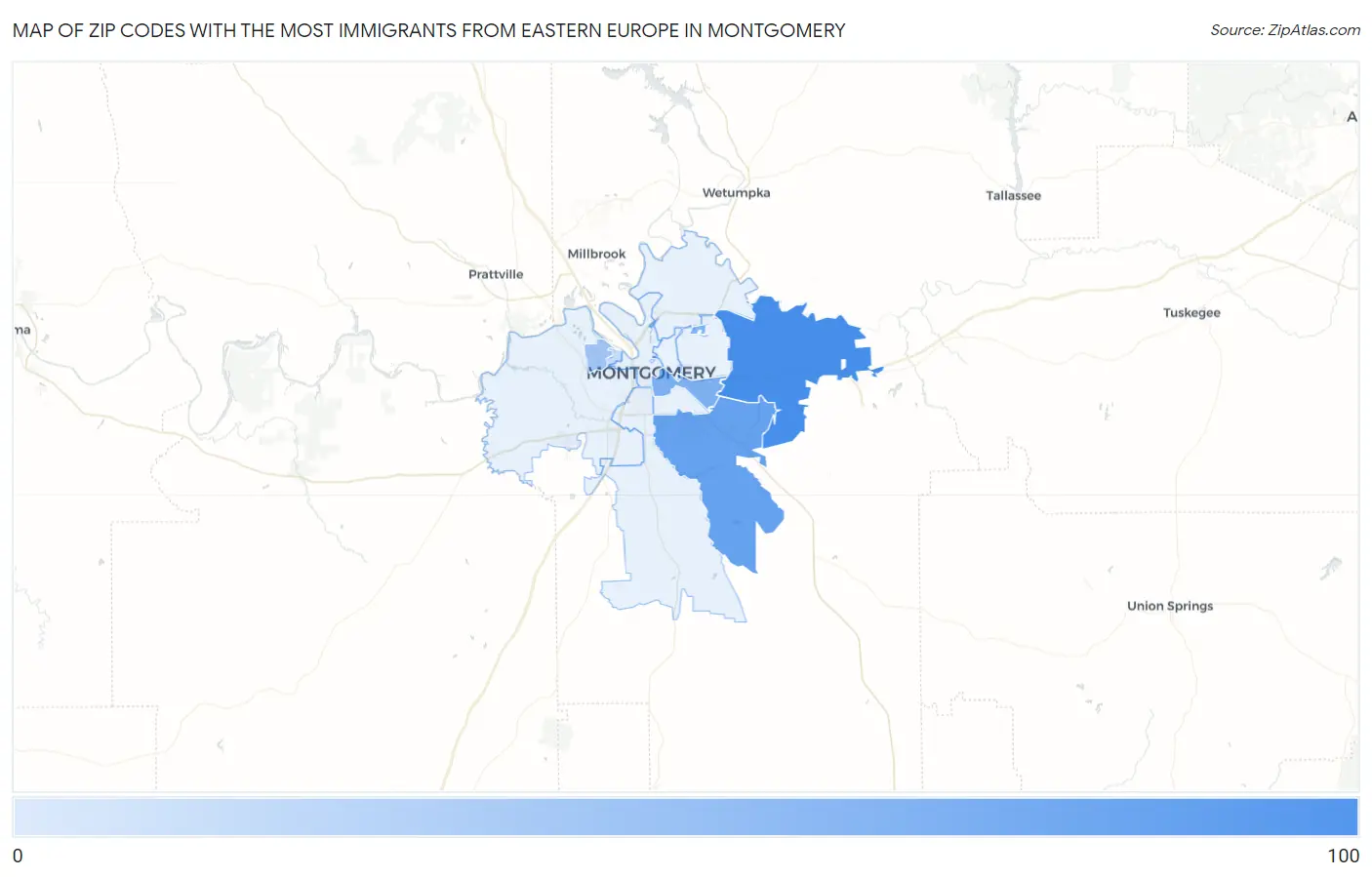Zip Codes with the Most Immigrants from Eastern Europe in Montgomery Map
