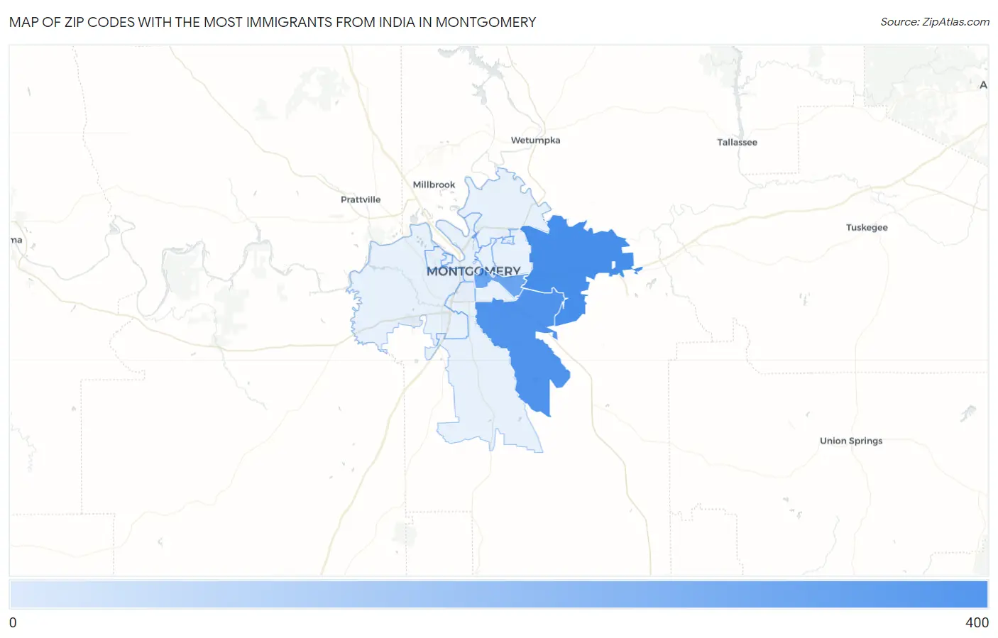 Zip Codes with the Most Immigrants from India in Montgomery Map