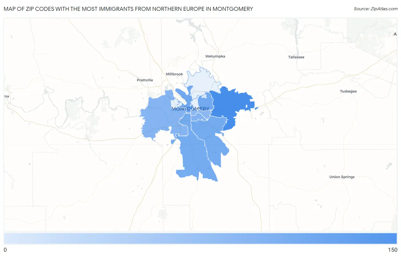 Zip Codes with the Most Immigrants from Northern Europe in Montgomery Map