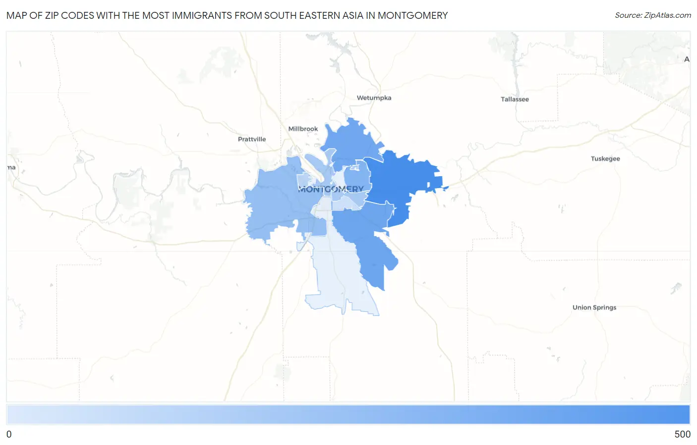 Zip Codes with the Most Immigrants from South Eastern Asia in Montgomery Map