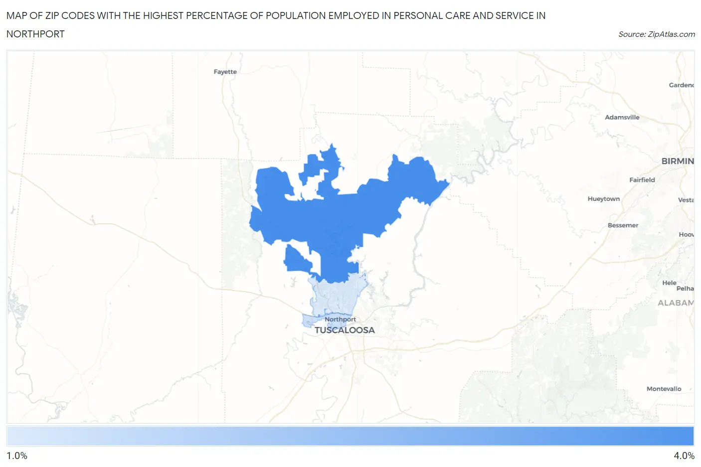 Zip Codes with the Highest Percentage of Population Employed in Personal Care and Service in Northport Map