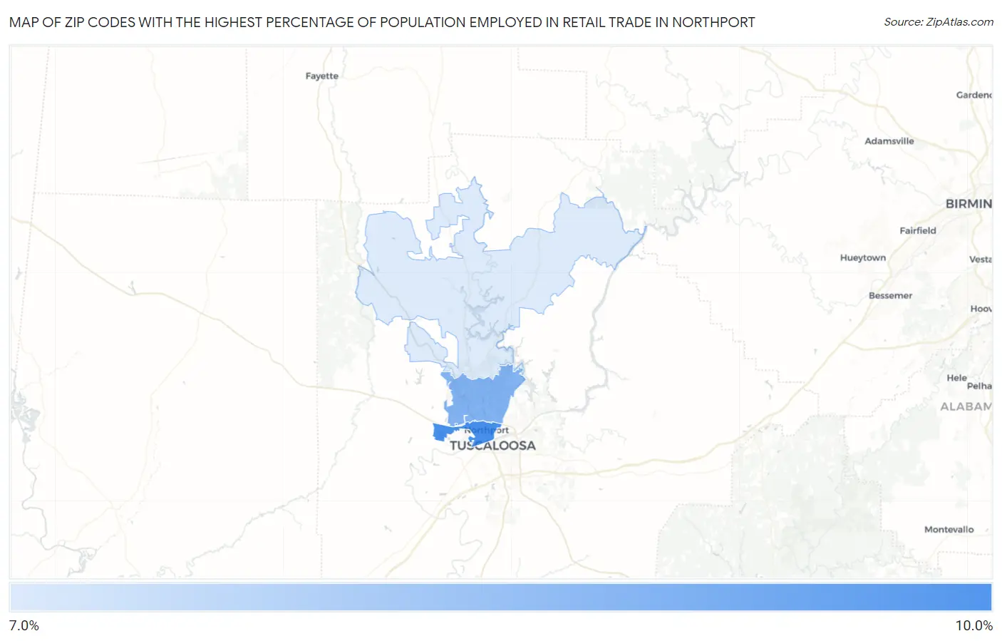 Zip Codes with the Highest Percentage of Population Employed in Retail Trade in Northport Map