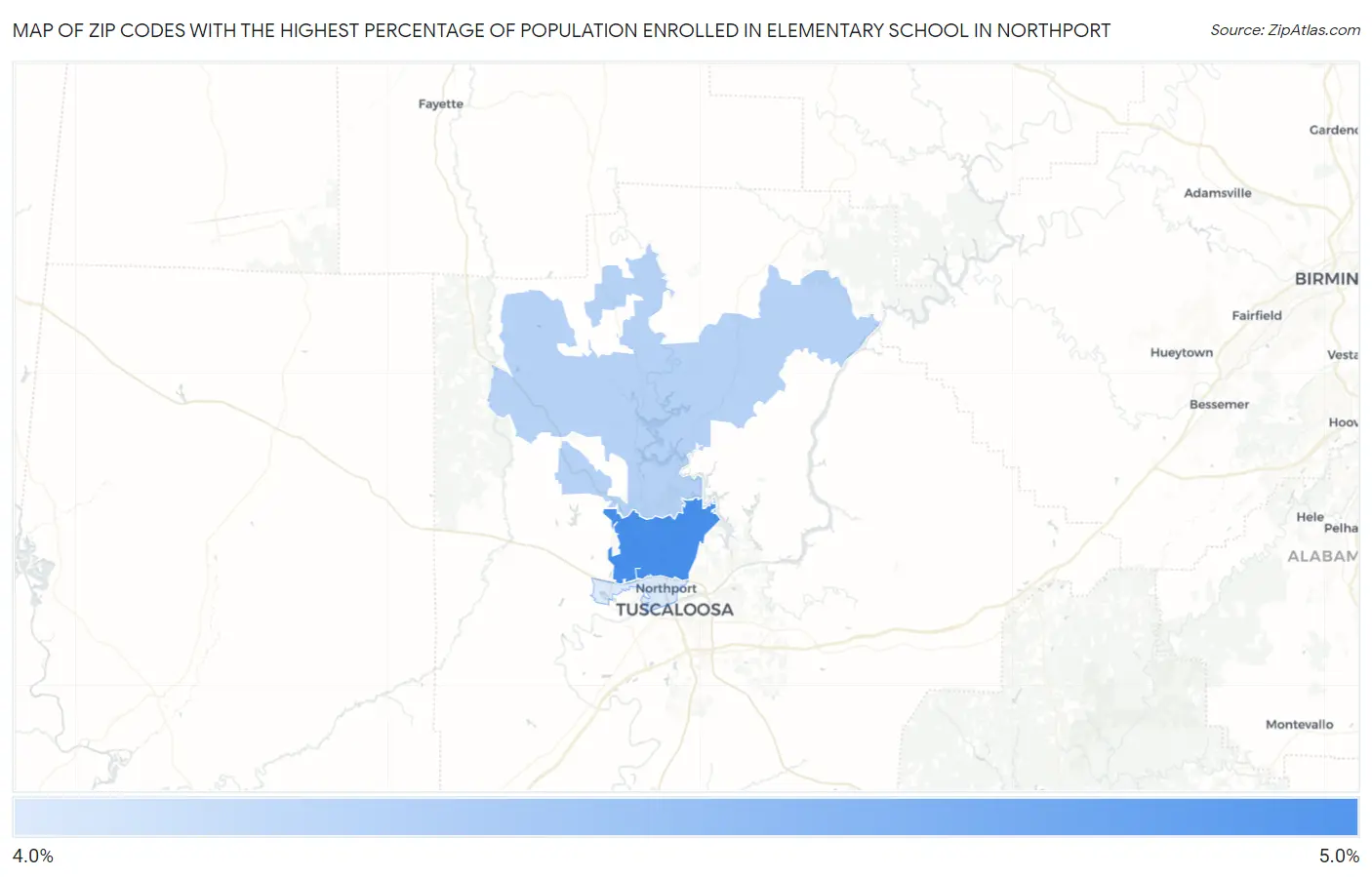 Zip Codes with the Highest Percentage of Population Enrolled in Elementary School in Northport Map