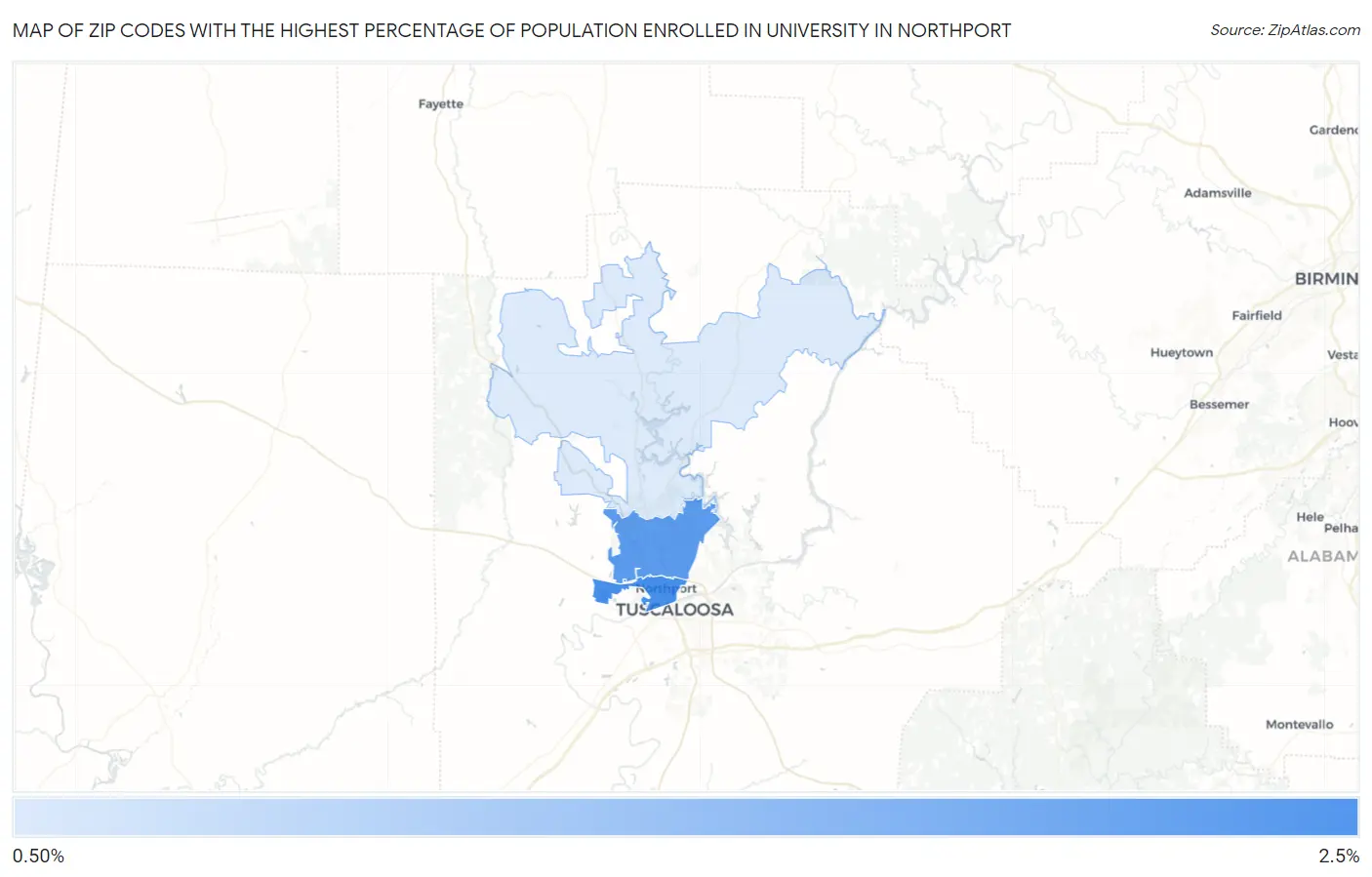Zip Codes with the Highest Percentage of Population Enrolled in University in Northport Map