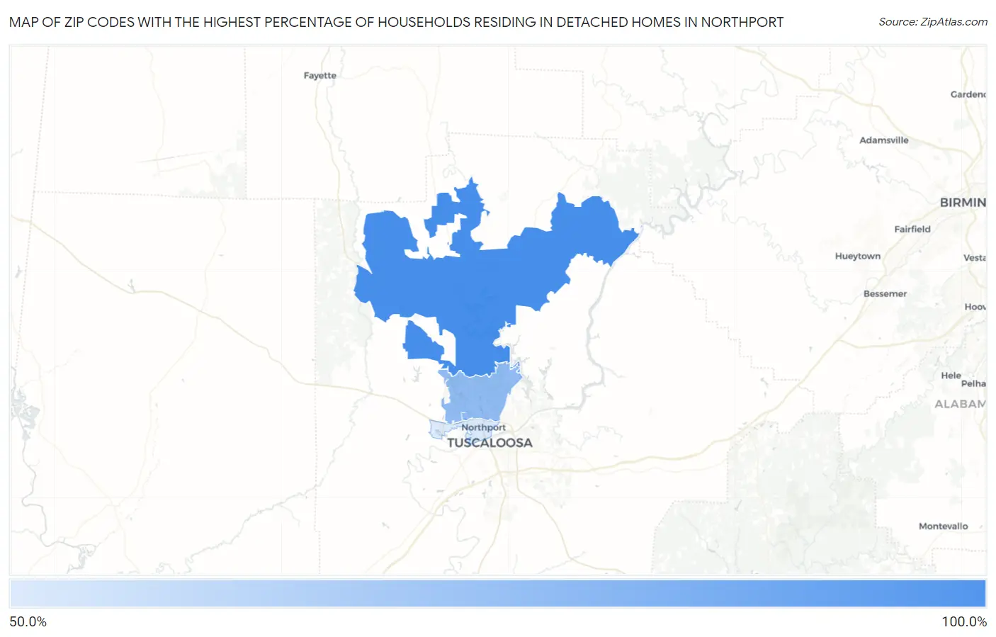 Zip Codes with the Highest Percentage of Households Residing in Detached Homes in Northport Map