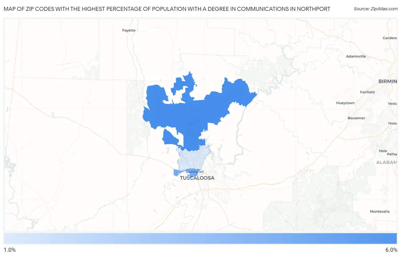Zip Codes with the Highest Percentage of Population with a Degree in Communications in Northport Map