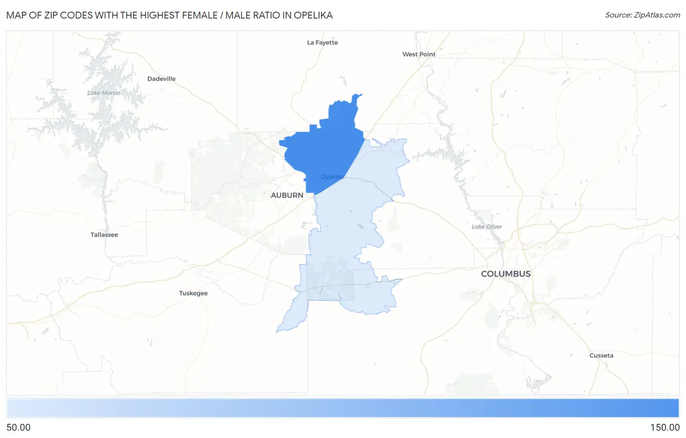 Zip Codes with the Highest Female / Male Ratio in Opelika Map