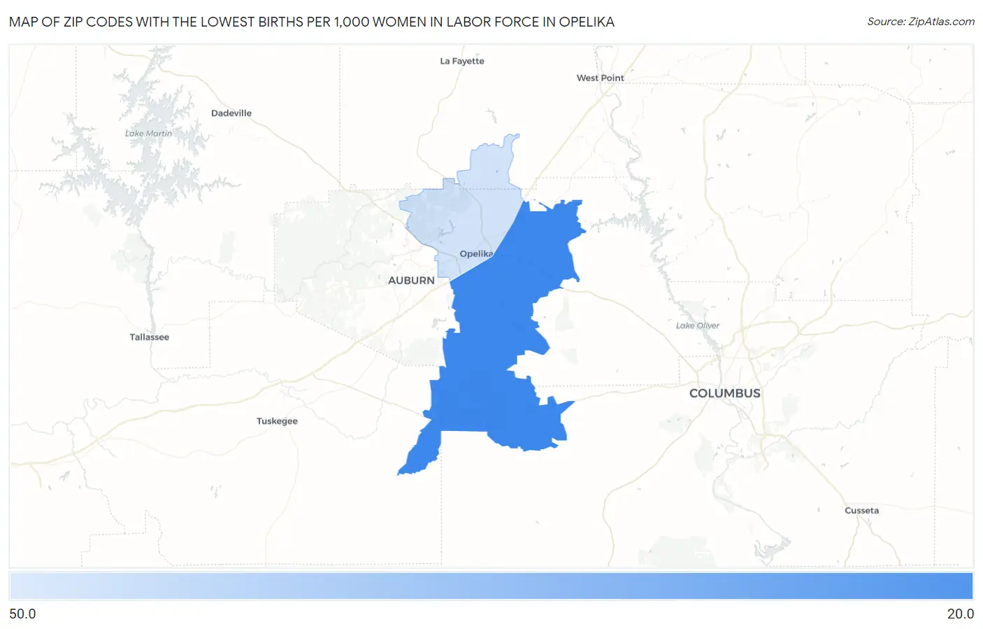 Zip Codes with the Lowest Births per 1,000 Women in Labor Force in Opelika Map