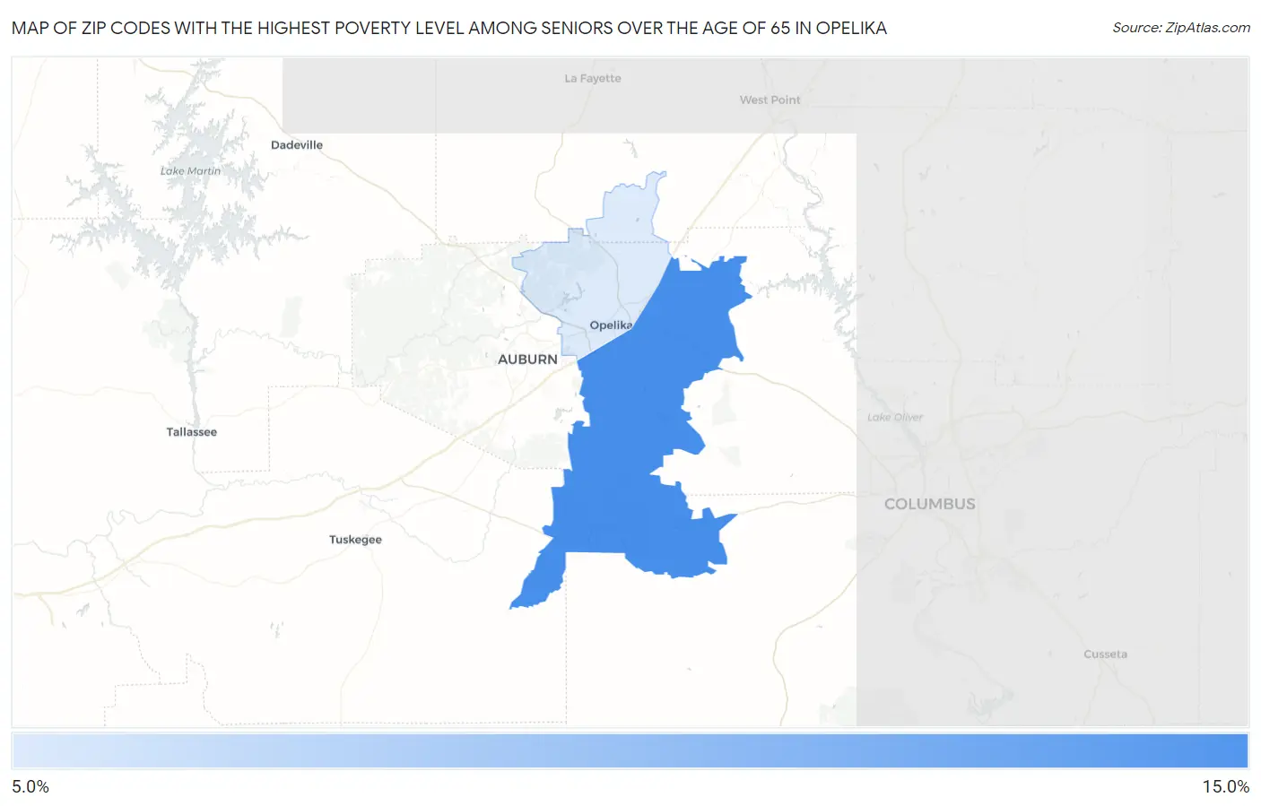Zip Codes with the Highest Poverty Level Among Seniors Over the Age of 65 in Opelika Map