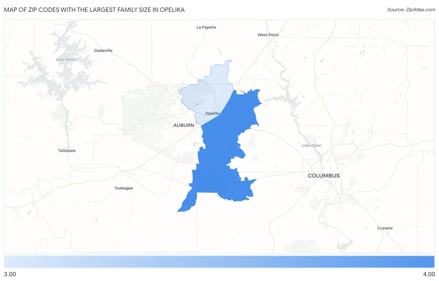Zip Codes with the Largest Family Size in Opelika Map