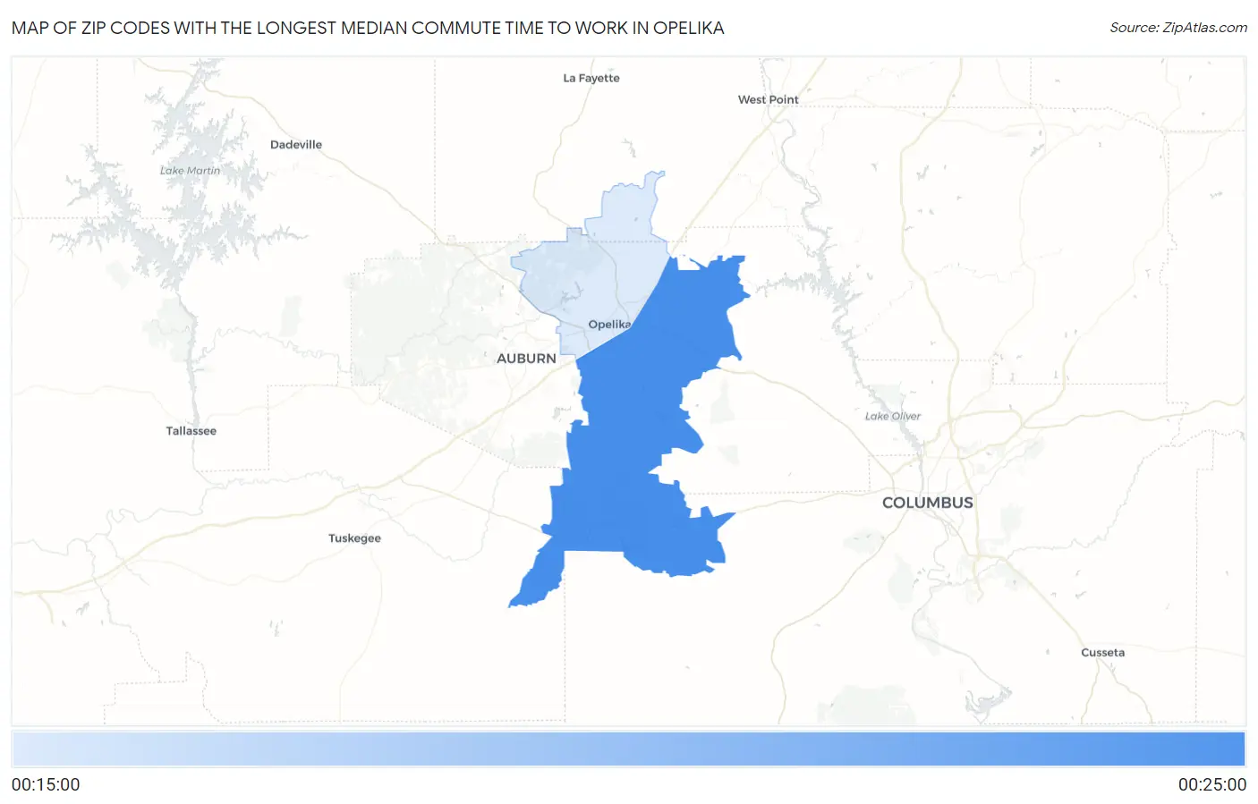Zip Codes with the Longest Median Commute Time to Work in Opelika Map