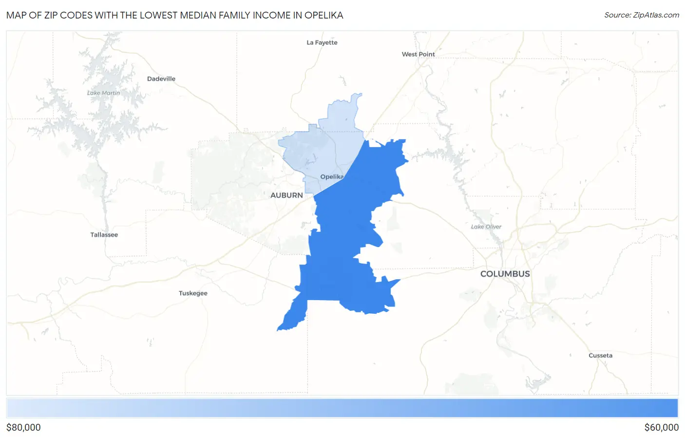 Zip Codes with the Lowest Median Family Income in Opelika Map