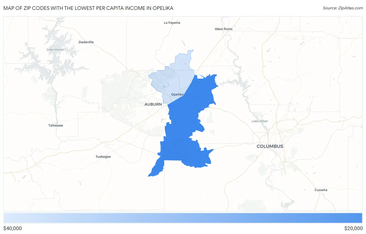 Zip Codes with the Lowest Per Capita Income in Opelika Map