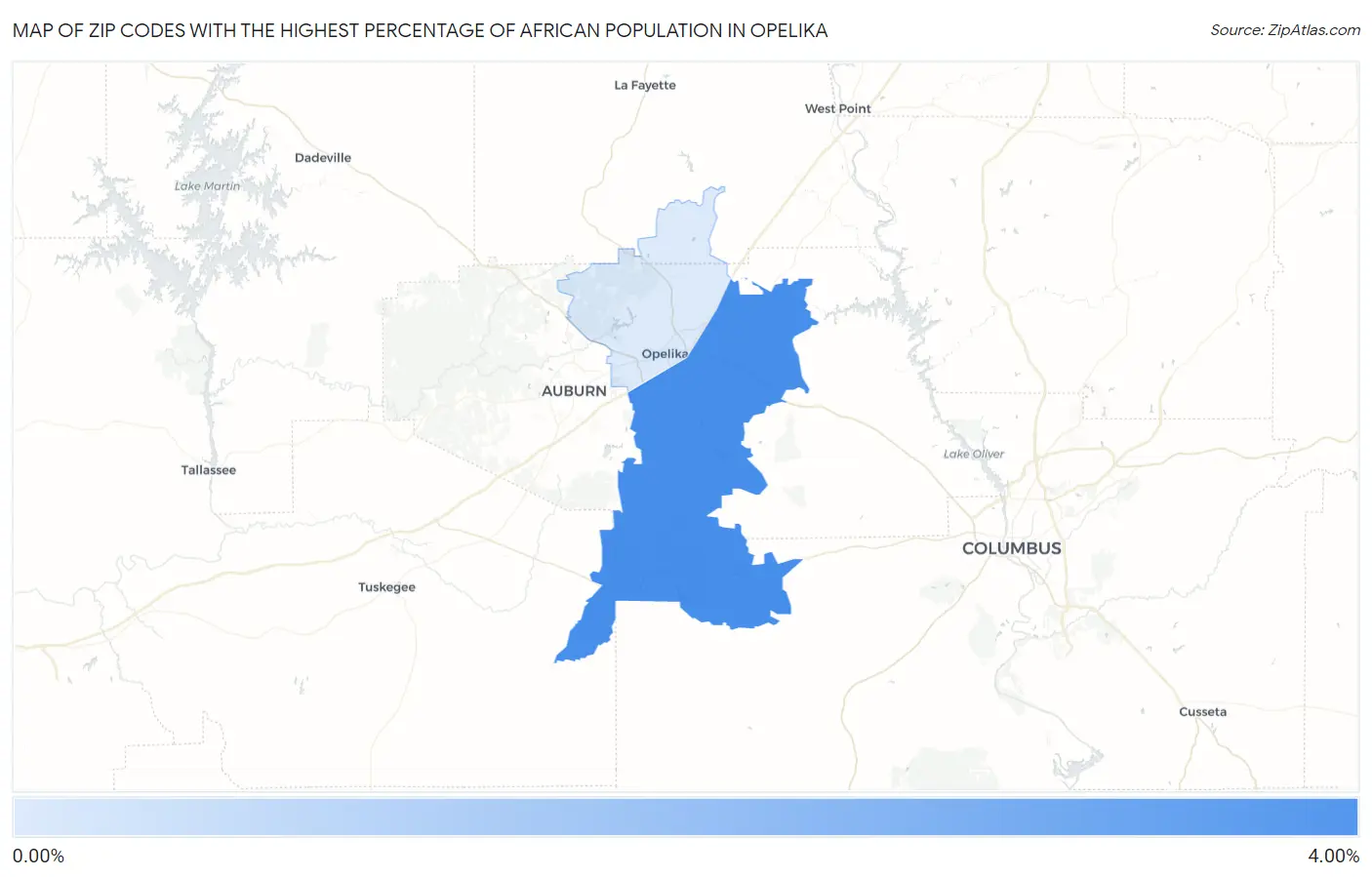 Zip Codes with the Highest Percentage of African Population in Opelika Map