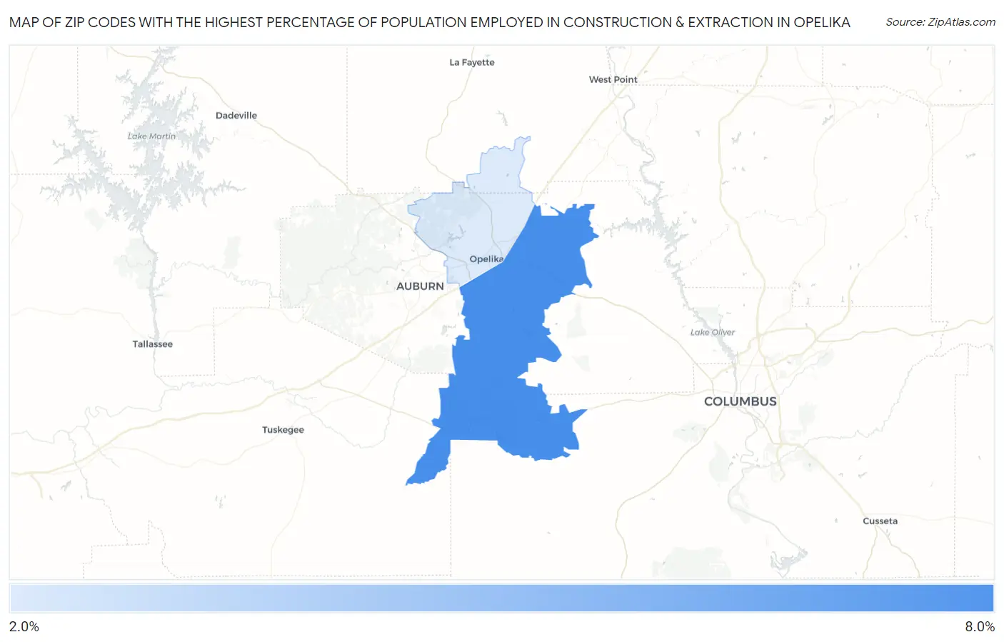Zip Codes with the Highest Percentage of Population Employed in Construction & Extraction in Opelika Map