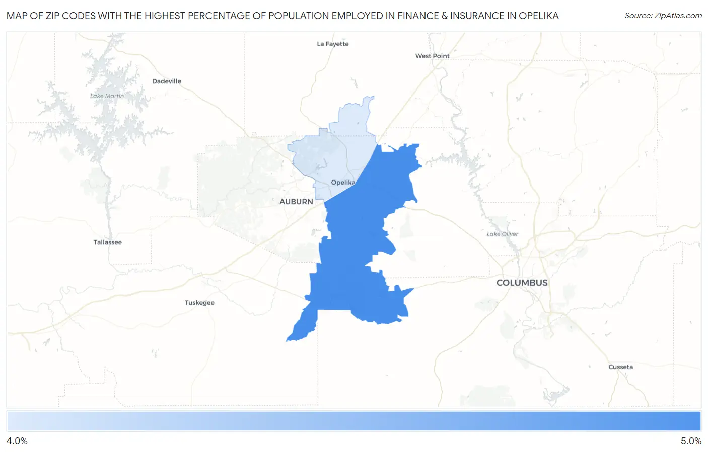 Zip Codes with the Highest Percentage of Population Employed in Finance & Insurance in Opelika Map