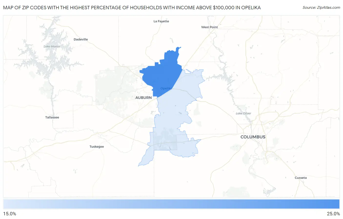 Zip Codes with the Highest Percentage of Households with Income Above $100,000 in Opelika Map